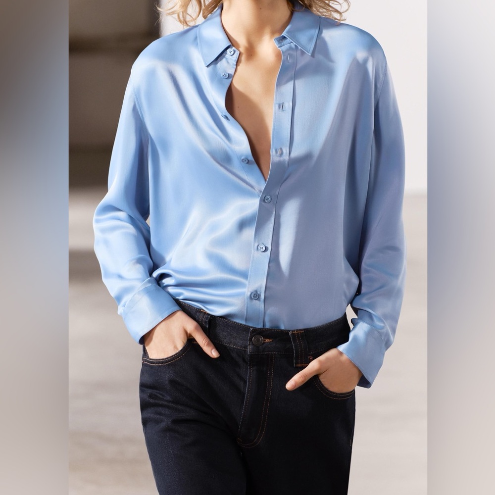 Zara Shimmering Blue Button-Up Blouse